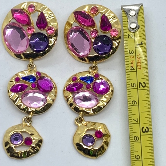 Vintage 90’s PARK LANE 3.5” Long Drop Dangle Earrings Pink Blue Rhinestones Gold - Picture 2 of 6